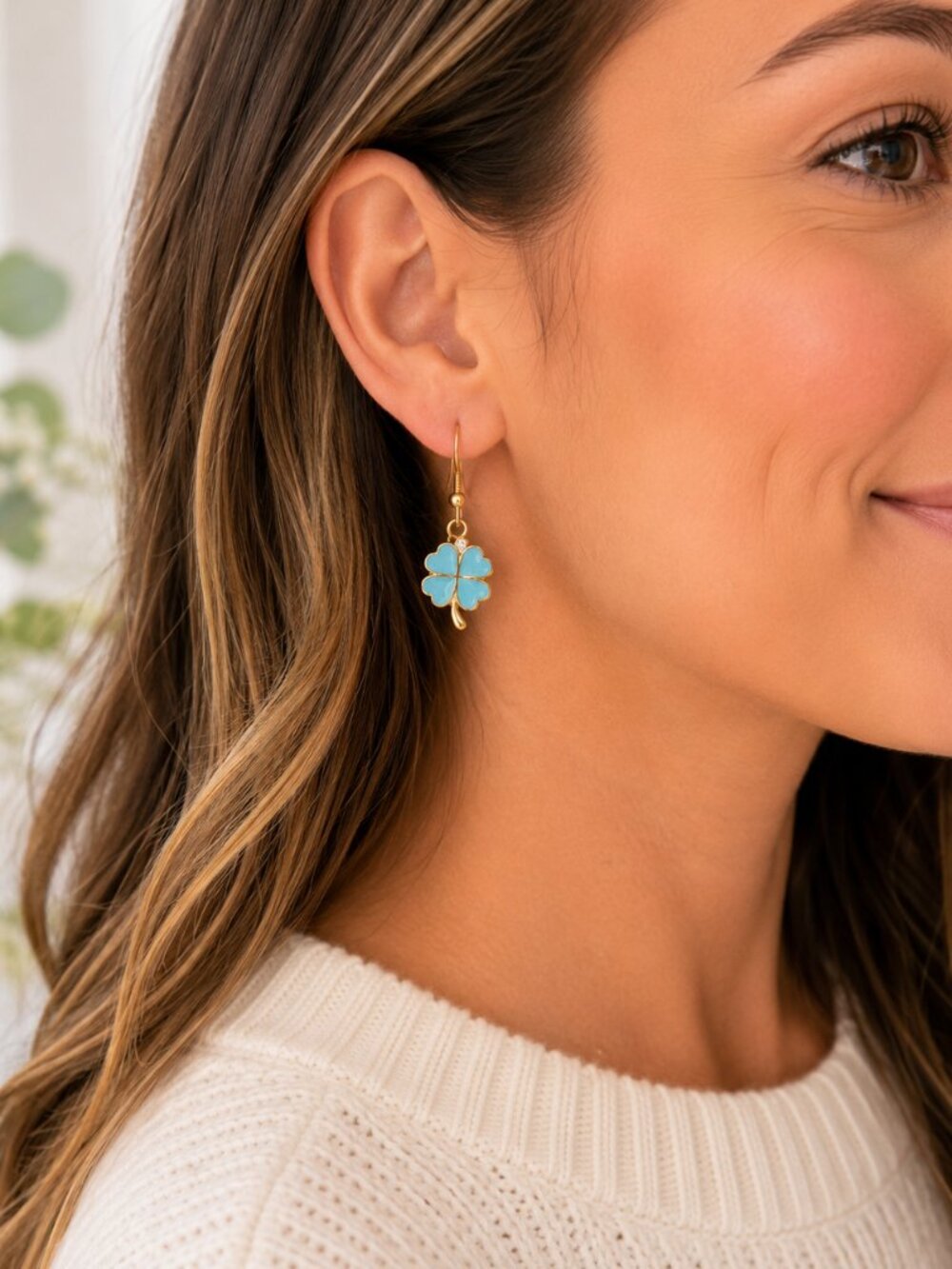 Gold Blue Four-Leaf Clover Dangle Earrings Lucky Charm Enamel Jewelry